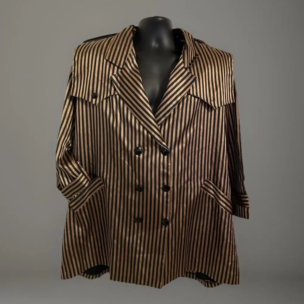 VTG 90s Cache Blazer Jacket Black Gold Striped Belted Satin Finish Mod Disco S/M